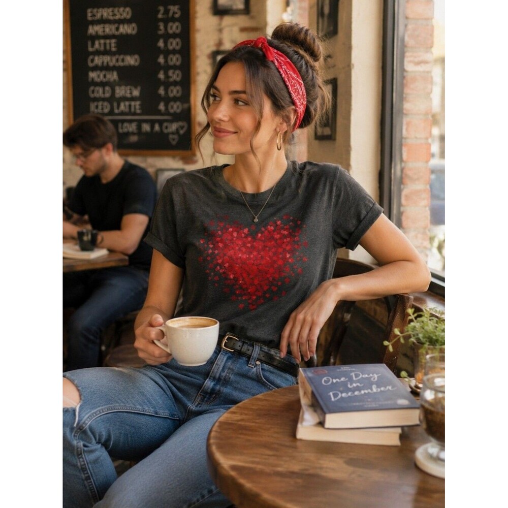 Gray Heart Graphic T-Shirt Size L Red Hearts Romantic Cluttercore Twee VSCO Girl